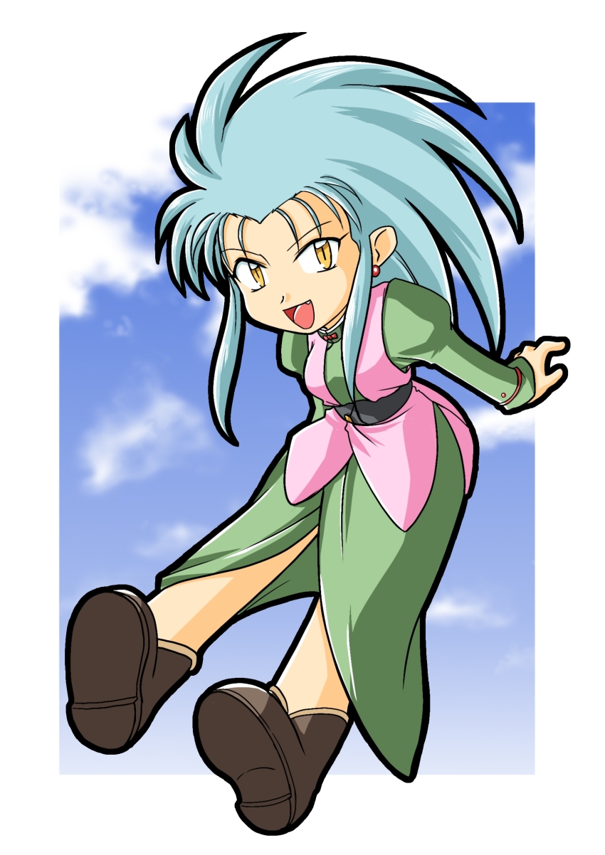 1girl absurdres aqua_hair black_footwear black_sash blue_dress bonsichi border chibi cloud cloudy_sky dress earrings full_body highres jewelry long_hair looking_at_viewer open_mouth outside_border pink_vest pointy_ears puffy_sleeves ryouko_(tenchi_muyou!) sash sidelocks sky solo spiked_hair tenchi_muyou! vest white_border yellow_eyes