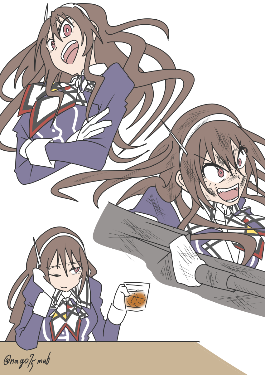 1girl absurdres alcohol ashigara_(kancolle) ashigara_kai_ni_(kancolle) brown_eyes cup drink drinking_glass gloves hairband highres jacket kantai_collection machinery multicolored_neckerchief nagomu_(nago75mu6) neckerchief open_mouth print_neckerchief purple_jacket simple_background solo teeth twitter_username upper_body upper_teeth_only wavy_hair whiskey white_background white_gloves white_hairband
