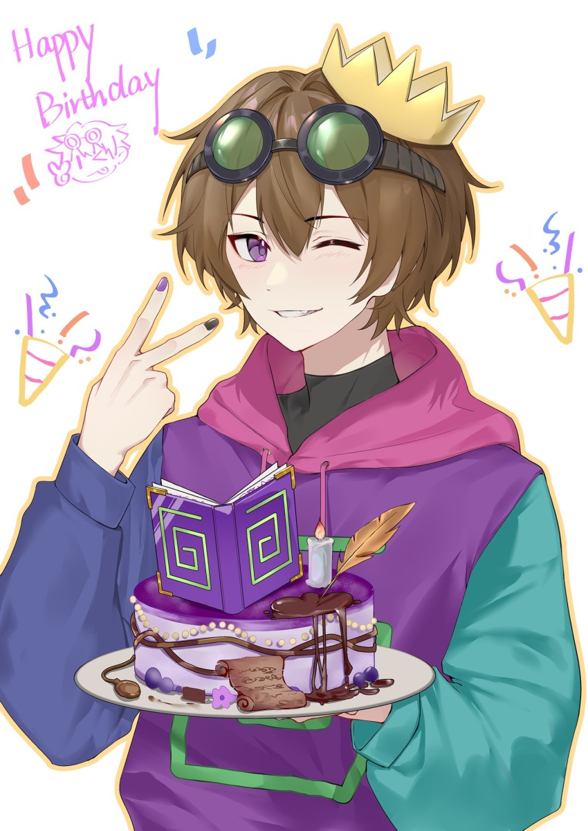 1boy animification biscuit404hate bishounen book brown_hair cake chinese_commentary commentary_request crown dream_smp english_text food goggles goggles_on_head happy_birthday highres holding holding_cake holding_food hood hood_down hoodie karl_jacobs male_focus minecraft_youtube nail_polish one_eye_closed purple_eyes short_hair simple_background solo tales_from_the_smp v white_background