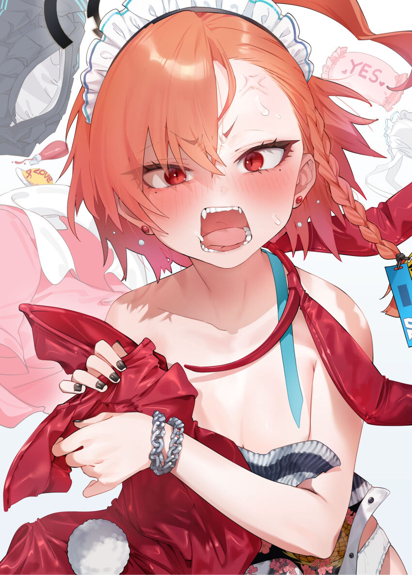 1girl absurdres anger_vein angry animal_ears black_nails blue_archive blush braid commentary_request earrings fake_animal_ears fangs food halo highres jacket jewelry ketchup ketchup_bottle leotard looking_at_viewer maid_headdress mole mole_under_each_eye mole_under_eye multiple_moles neru_(blue_archive) neru_(bunny)_(blue_archive) omelet omurice open_mouth orange_hair rabbit_ears rabbit_tail red_eyes red_leotard short_hair solo stud_earrings sukajan sweat tail wrist_chain yanyo_(ogino_atsuki)