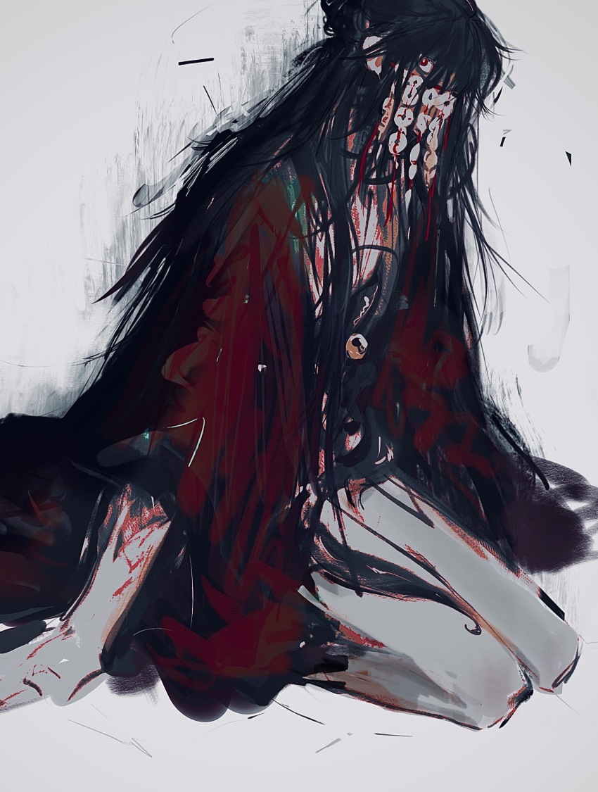 1boy absurdres bare_legs black_hair blood blood_on_arm blood_on_leg chinese_clothes chinese_commentary coat coin coin_mask coin_on_string covered_mouth cuts dao_gui_yi_xian eyeball grey_background hair_bun hanfu highres holed_coin injury li_huowang li_sui_(tentacles) long_hair looking_at_viewer male_focus mask messy_hair mouth_veil naked_coat open_clothes open_coat partially_undressed red_coat red_eyes seiza shengdi_yage simple_background single_hair_bun sitting sketch solo tentacles tentacles_under_clothes veil very_long_hair white_background