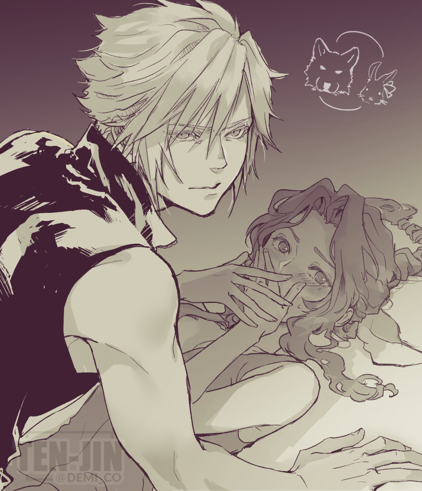 aerith_gainsborough bare_shoulders black_vest blonde_hair blush braid braided_ponytail breasts brown_hair cleavage cloud_strife couple covering_own_mouth demi_co dress final_fantasy final_fantasy_vii final_fantasy_vii_advent_children final_fantasy_vii_rebirth final_fantasy_vii_remake furrowed_brow hair_between_eyes hair_ribbon hetero highres long_hair lying medium_breasts on_back parted_bangs popped_collar rabbit ribbon sepia short_hair sidelocks single_braid sleeveless sleeveless_dress twitter_username upper_body vest wolf zipper