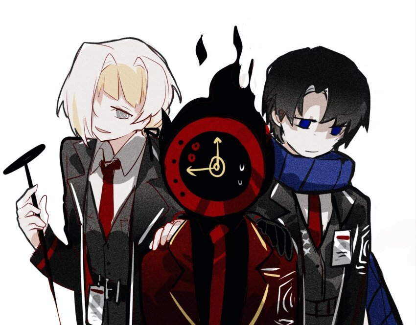 1boy 1girl 1other aislan alternate_universe black_hair black_jacket black_vest blonde_hair blue_eyes blue_scarf clock collared_shirt dante_(limbus_company) demian_(project_moon) grey_eyes grey_hair hair_over_one_eye jacket kromer_(project_moon) lcb_uniform_(project_moon) limbus_company multicolored_hair necktie object_head project_moon red_jacket red_necktie scarf shirt short_hair simple_background two-tone_hair upper_body vest white_background white_shirt