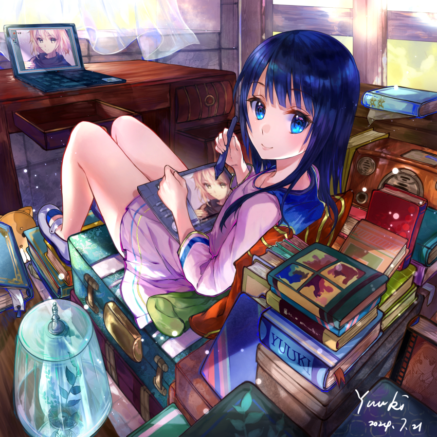 1girl absurdres ame_oto_aw artist_name blue_collar blue_eyes blue_hair blunt_ends book bookmark choppy_bangs closed_mouth collar commentary_request computer curtains dated day drawer drawing_tablet dress english_text eyelashes full_body highres holding holding_stylus lamp laptop long_hair looking_at_viewer looking_back open_drawer original pile_of_books pink_dress pink_shoes radio see-through_curtains shoes sitting sitting_on_object smile solo straight_hair stuffed_animal stuffed_toy stylus suitcase table tablet_pc turning_head window