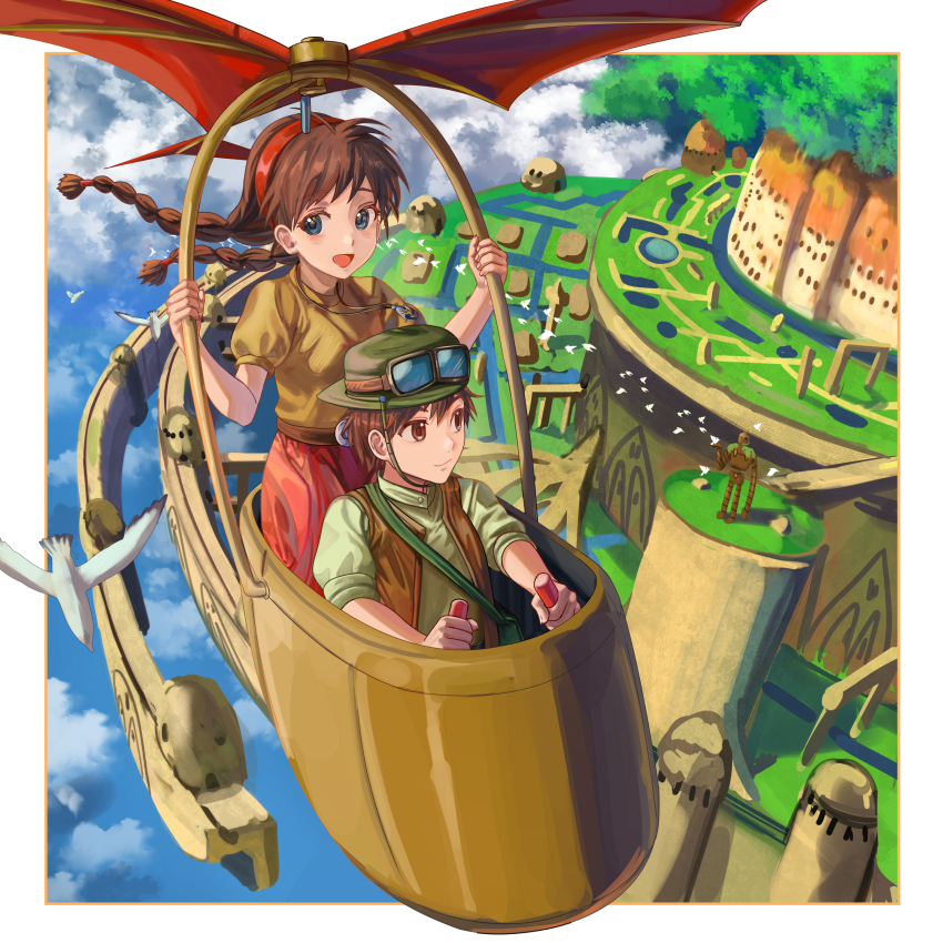 1boy 1girl absurdres aircraft bag belt bird blue_eyes braid brown_hair cloud commentary english_commentary flying goggles goggles_on_headwear green_headwear green_shirt hat highres laputa_robot pants pazu red_pants satchel sheeta shirt silvertsuki sky tenkuu_no_shiro_laputa twin_braids yellow_shirt