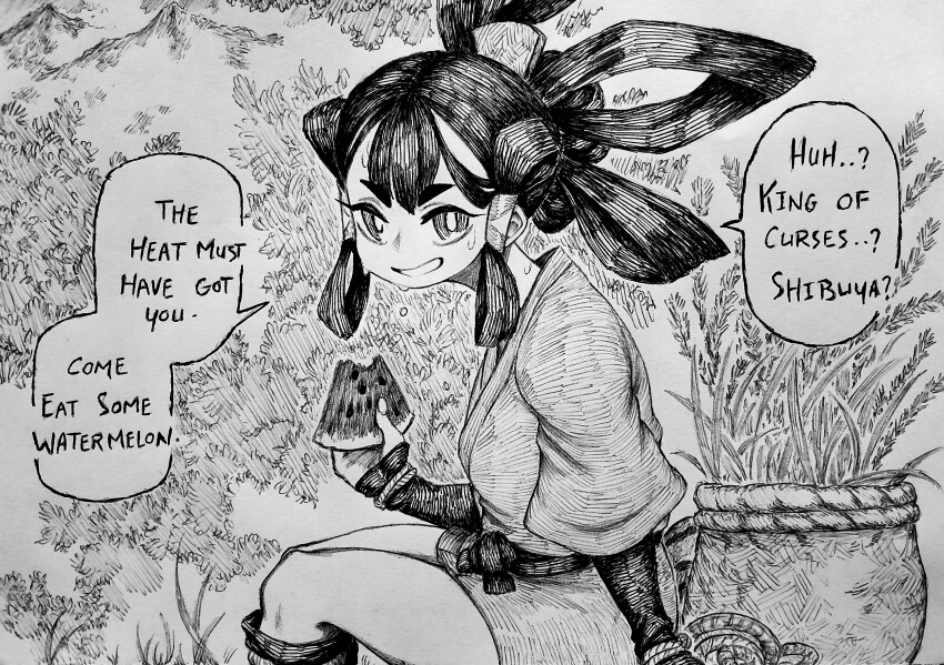 1girl absurdres chronozbergh commentary english_text food fruit graphite_(medium) greyscale highres holding holding_food holding_fruit looking_at_viewer monochrome plant potted_plant quad_hair_rings sakuna-hime smile solo speech_bubble sweat tensui_no_sakuna-hime traditional_media watermelon