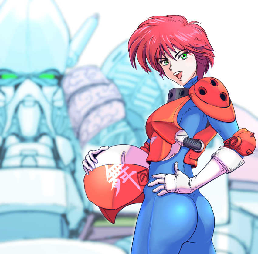 1girl aleste armor ass bb9_megadrive blurry blurry_background bodysuit buchi_holes commentary commentary_request compile ellinor_weisen game_console green_eyes hand_on_own_hip unworn_headwear helmet unworn_helmet looking_back mecha musha_(mecha) musha_aleste open_mouth pilot pilot_suit red_hair robot science_fiction sega_mega_drive shirow_masamune_(style) short_hair toaplan