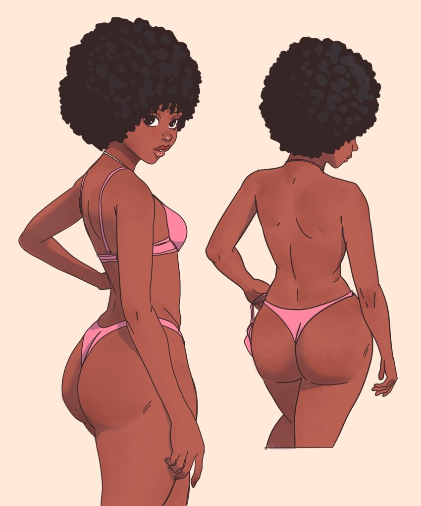 1girl afro ass bikini black_hair breasts dark-skinned_female dark_skin highres jesus_aponza looking_at_viewer multiple_views original pink_bikini simple_background small_breasts swimsuit very_dark_skin victoria_(jesus_aponza) yellow_background
