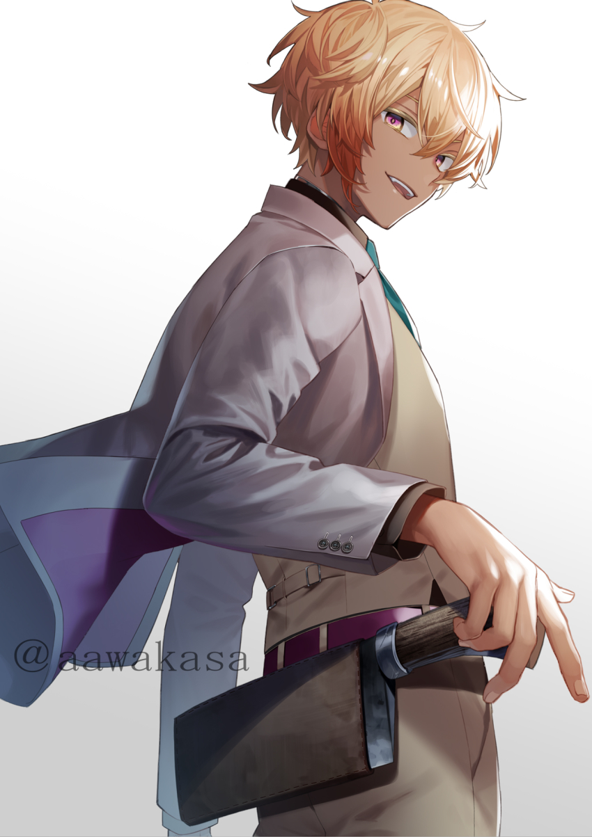 1boy :d belt blonde_hair brown_pants brown_shirt collared_shirt cowboy_shot gradient_background green_necktie grey_background highres jacket knife long_sleeves looking_at_viewer looking_to_the_side male_focus necktie open_clothes open_jacket open_mouth original pants purple_belt purple_eyes ryuuki_(hydrangea) sheath sheathed shirt smile solo teeth twitter_username upper_teeth_only white_background white_jacket