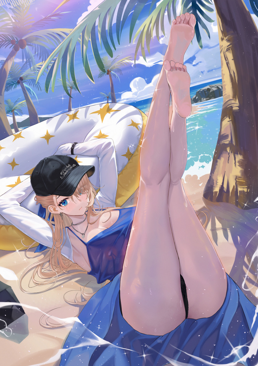 1girl absurdres barefoot baseball_cap beach bikini black_bikini blonde_hair blue_dress blue_eyes blue_sky breasts brown_dust_(series) brown_dust_2 commentary commentary_request dress english_commentary feet hat highres jewelry large_breasts legs_up long_hair luirck lying mixed-language_commentary necklace ocean on_back sand sky soles solo summer sweat swimsuit thighs toes tree white_innertube wilhelmina_(brown_dust)