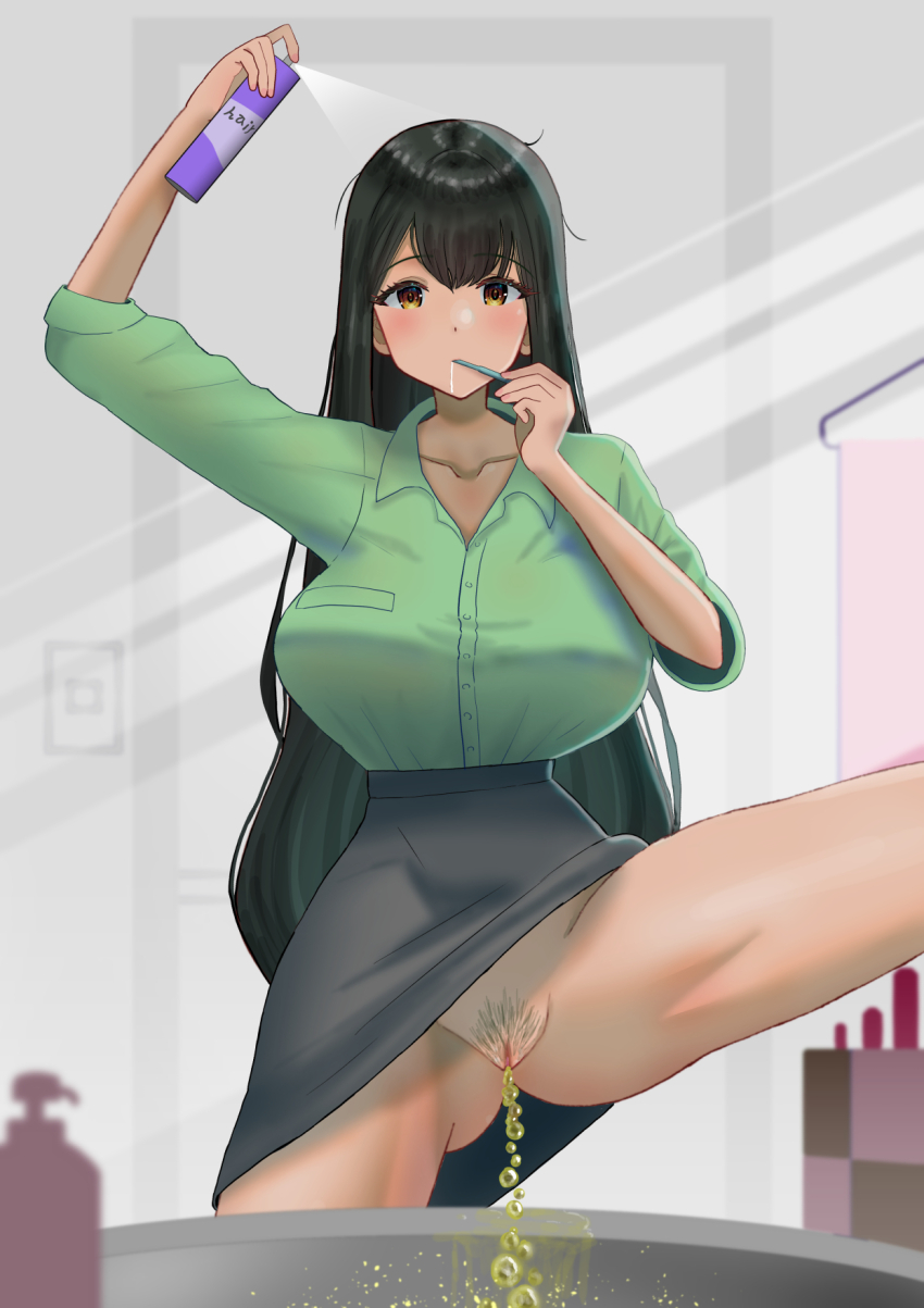 1girl bad_id bad_pixiv_id black_hair breasts brushing_teeth collarbone cowboy_shot eyelashes feet_out_of_frame female_focus female_pubic_hair gluteal_fold green_shirt highres holding huge_breasts leg_up long_hair multitasking nokironokii nonchalant nonchalant_peeing original pee peeing pencil_skirt pubic_hair pussy shirt shirt_tucked_in skirt solo standing thighs uncensored very_long_hair water_drop yellow_eyes