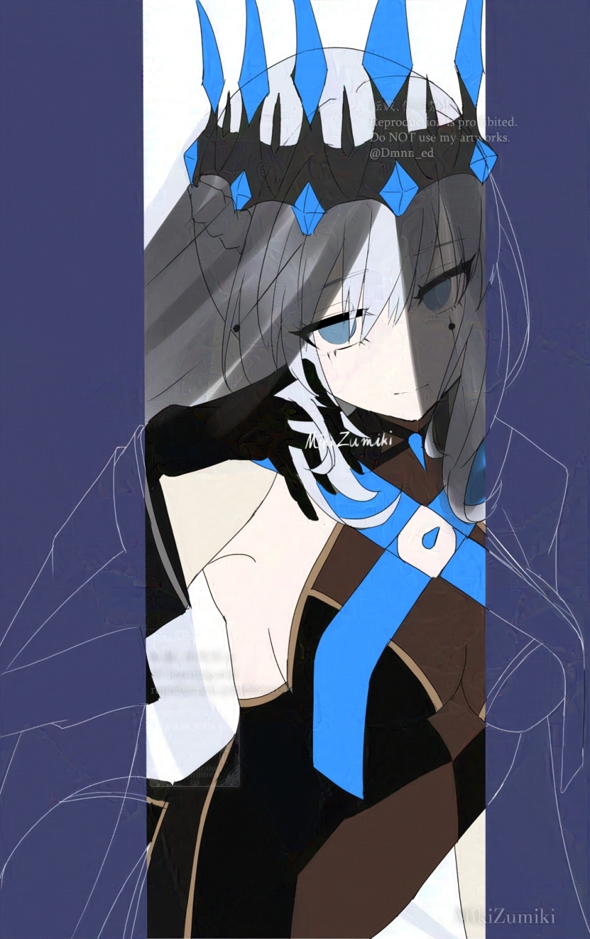 1girl black_bow black_gloves black_veil blue_eyes bow braid breasts crown dress faerie_knights_(fate) fate/grand_order fate_(series) gloves half_up_braid highres large_breasts long_hair long_sleeves looking_at_viewer morgan_le_fay_(fate) morgan_le_fay_(queen_of_winter)_(fate) ponytail smile solo two-tone_dress veil very_long_hair white_hair wide_sleeves zumiki