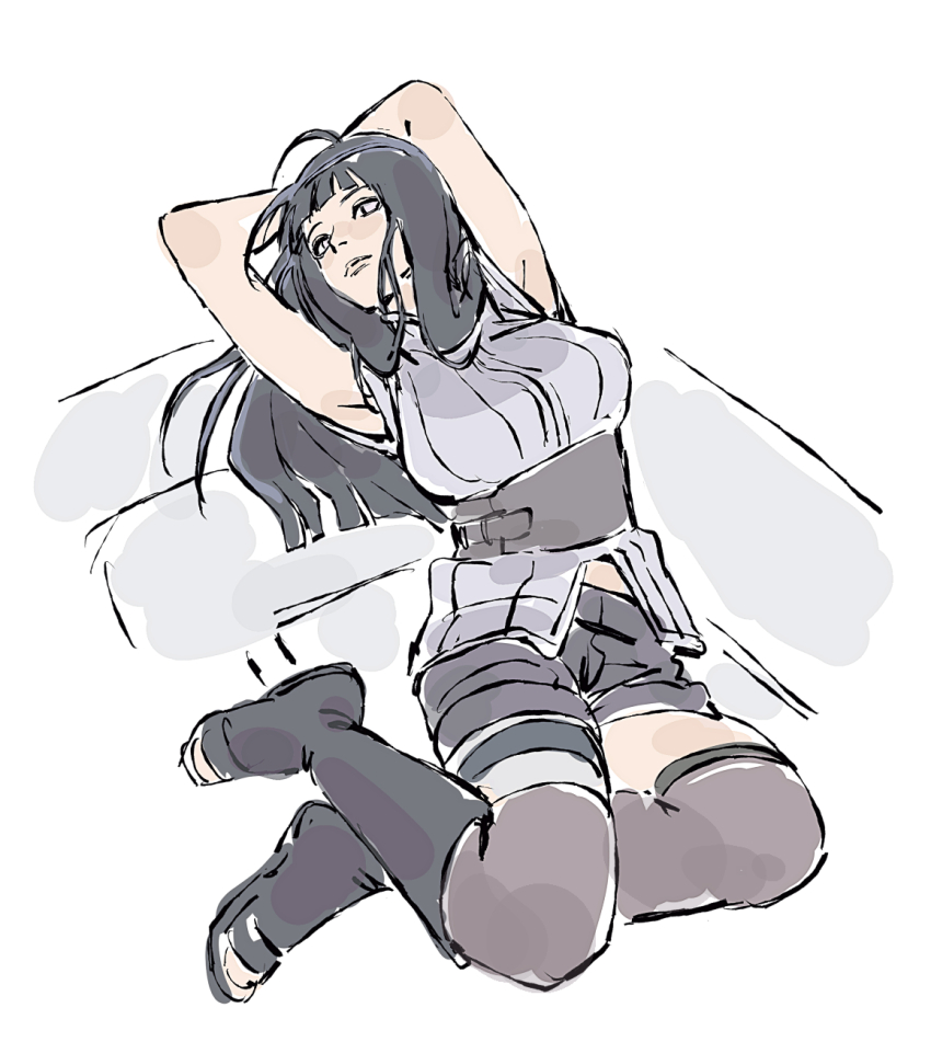 1girl arms_behind_head beerenfuchs black_eyes black_shorts blunt_bangs boots breasts closed_mouth full_body highres hyuuga_hinata large_breasts long_hair looking_at_viewer naruto:_the_last naruto_(series) open-toe_boots shorts sketch solo white_background white_eyes