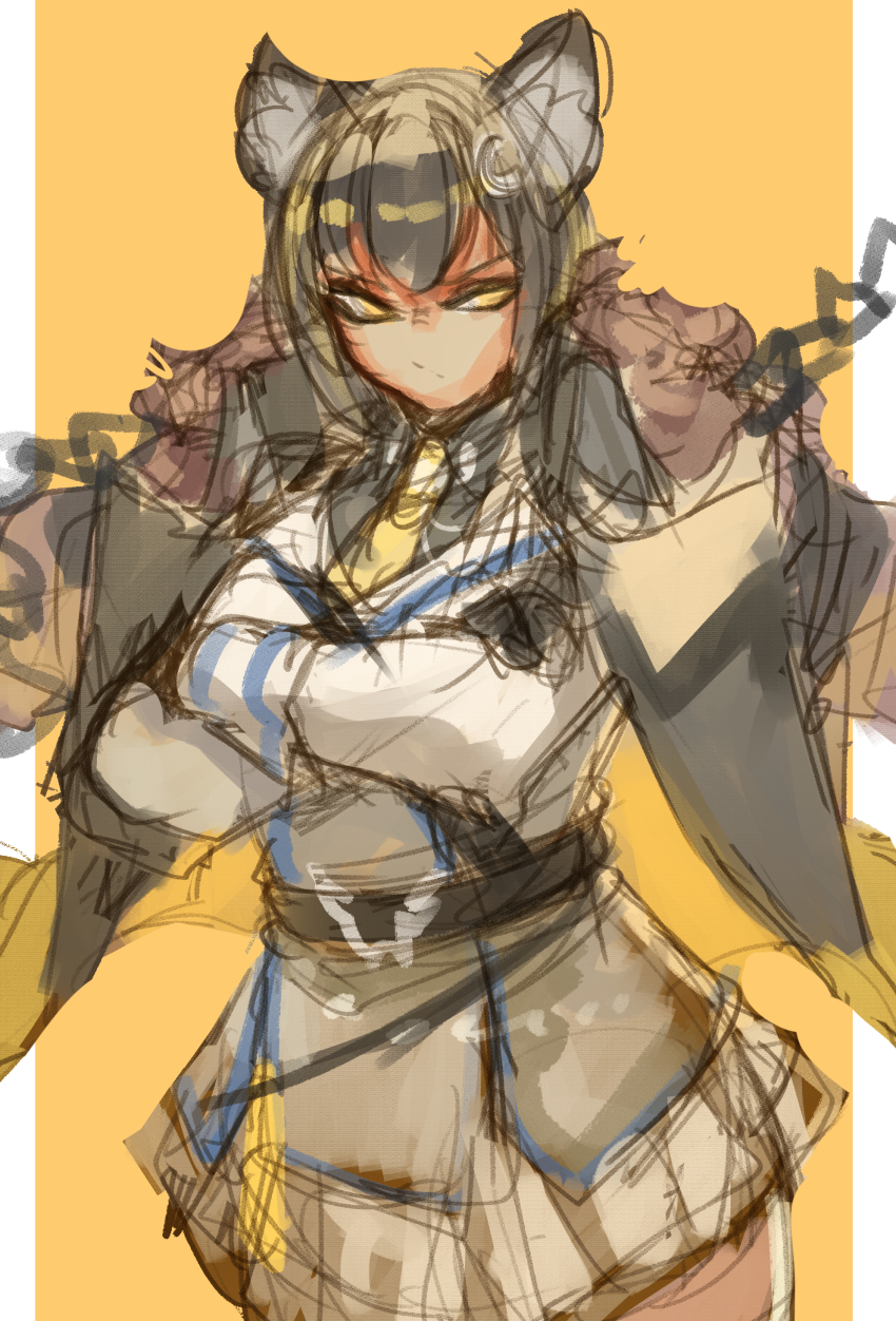 1girl absurdres chain character_request dress female_focus highres larribee last_origin sketch skirt solo standing vargr_(last_origin) yellow_background