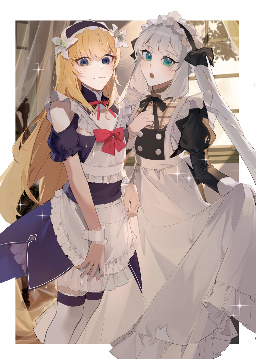 1girl 1other :o absurdres alternate_costume apron bare_shoulders black_dress black_ribbon blonde_hair blue_eyes bow chevalier_d&#039;eon_(fate) chevalier_d&#039;eon_(maid_knight)_(fate) curtains dress embarrassed enmaided fate/grand_order fate_(series) flower frilled_apron frilled_sleeves frills garter_straps hair_flower hair_ornament hand_on_own_chest highres indoors juliet_sleeves lily_(flower) long_hair long_sleeves looking_at_viewer maid maid_apron maid_headdress marie_antoinette_(animejapan_2016)_(fate) marie_antoinette_(fate) neck_ribbon open_mouth outside_border puffy_sleeves red_bow red_ribbon ribbon short_sleeves sparkle thighhighs twintails very_long_hair wavy_mouth white_apron white_flower white_hair white_thighhighs window wrist_cuffs yukkuri_(fumoyun)