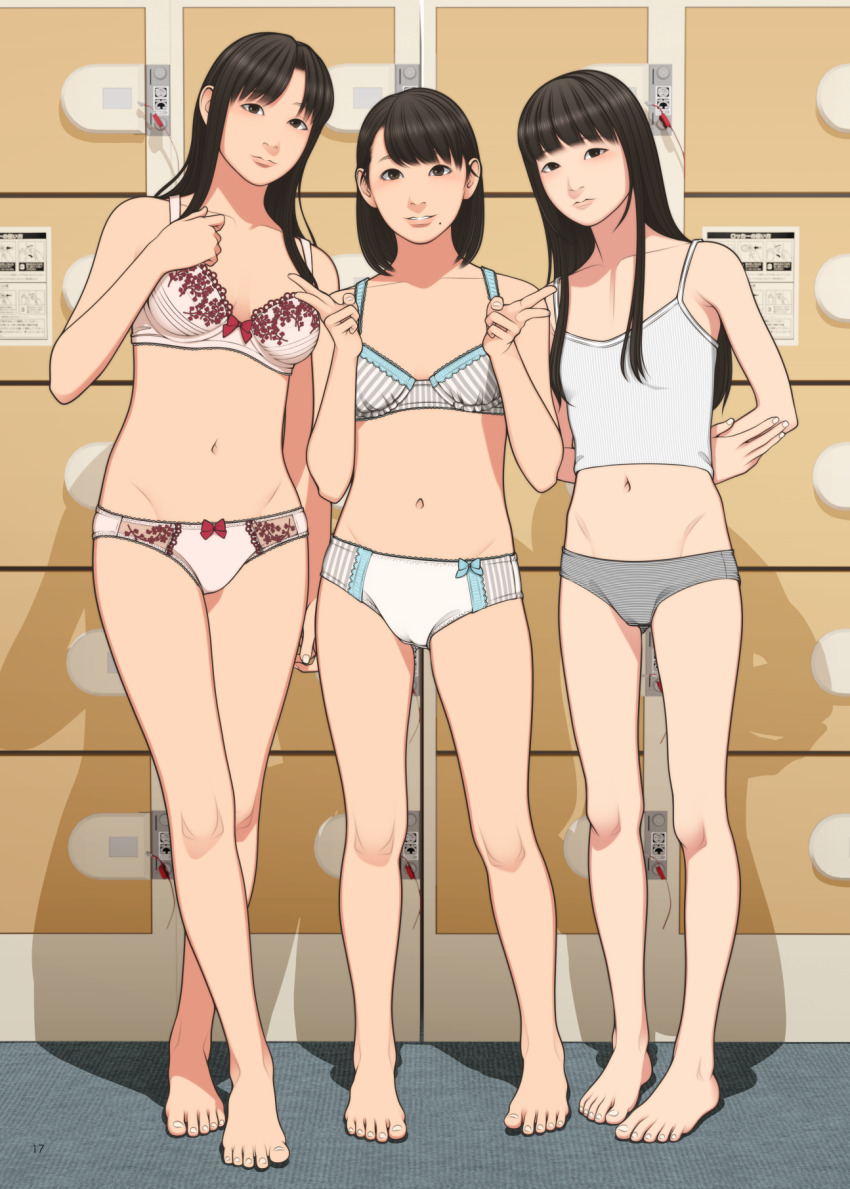 3girls arms_behind_back asian black_hair bow bow_bra bow_panties bra breasts brown_eyes cameltoe camisole commentary_request double_v flat_chest grey_panties highres light_frown locker long_hair matching_underwear medium_hair mole mole_under_mouth multiple_girls navel original page_number panties shinchou_ni_kansuru_kousatsu skinny small_breasts striped_bra striped_clothes underwear underwear_only v white_camisole