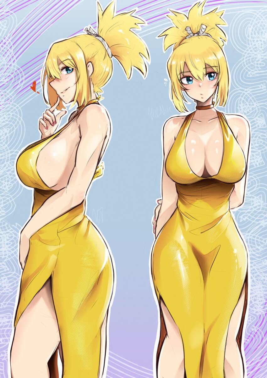1girl blonde_hair blue_eyes breasts cleavage commentary dr._stone dress english_commentary gold_choker gold_dress hair_between_eyes heart high_ponytail highres kohaku_(dr._stone) large_breasts long_hair looking_at_viewer multiple_views nail_polish official_alternate_costume ponytail side_slit sideboob simple_background smile vialnite