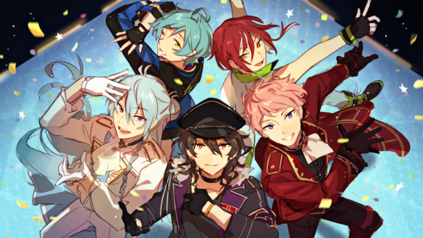 5boys arms_up ascot back-to-back bishounen black_choker black_gloves black_hat choker closed_mouth confetti ensemble_stars! fingerless_gloves from_above gloves grin happy hat hibiki_wataru idol_clothes itsuki_shu jacket logi_bunbukucha looking_at_viewer male_focus multiple_boys open_mouth sakasaki_natsume sakuma_rei_(ensemble_stars!) shinkai_kanata smile split_mouth stage teeth the_oddballs_(ensemble_stars!) unfinished white_ascot white_gloves