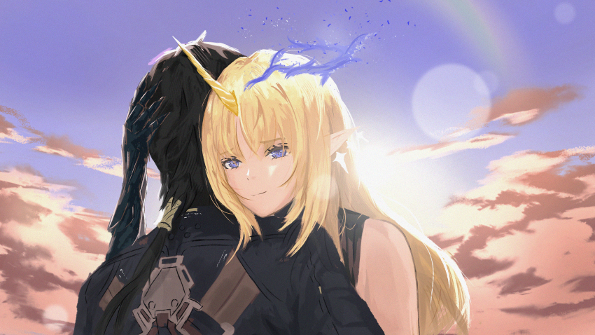 1boy 1girl absurdres black_hair black_jacket blonde_hair blue_eyes blue_hands cloud cloudy_sky crown_of_thorns earrings fleurdelys_(wuthering_waves) gauntlets glowing_horns hand_on_another&#039;s_head highres horns hug jacket jewelry long_hair male_rover_(wuthering_waves) pointy_ears rainbow roseidon rover_(wuthering_waves) sad_smile saddle single_horn sky smile sunset very_long_hair wuthering_waves