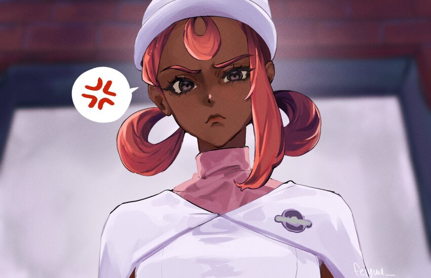 1girl anger_vein dark-skinned_female dark_skin feiyuu frown hair_rings highres indoors joy_(pokemon) joy_(pokemon_legends:_z-a) looking_at_viewer looking_down nintendo pokemon pokemon_legends:_z-a portrait red_hair short_hair single_sidelock solo spoken_anger_vein v-shaped_eyebrows very_dark_skin