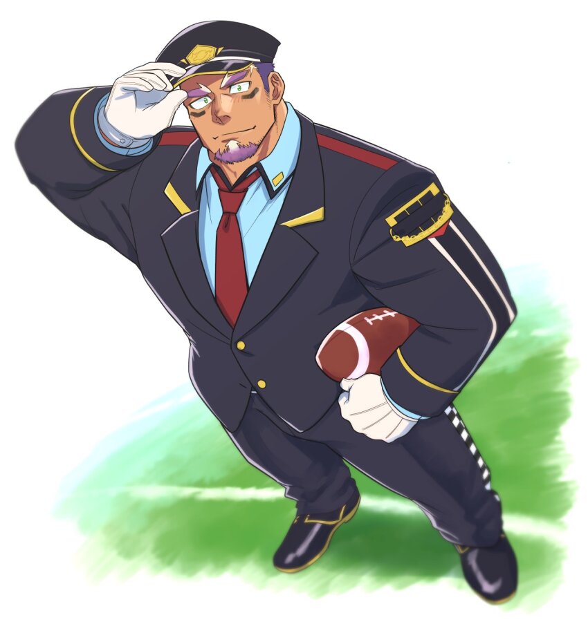 1boy adjusting_clothes adjusting_headwear ball bara dark-skinned_male dark_skin employee_uniform facial_hair field foreshortening from_above full_body gloves goatee highres live_a_hero mature_male muscular muscular_male necktie pectorals rugby_ball shaft_(live_a_hero) short_hair sideburns sideburns_stubble stubble thick_eyebrows two-tone_beard yakisoba_ohmori