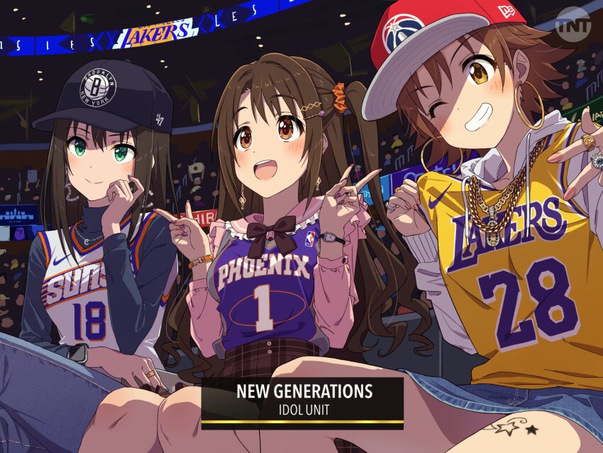 3girls baseball_cap blue_headwear blue_shirt brown_eyes brown_hair denim denim_skirt double_v english_text green_eyes hat highres honda_mio idolmaster idolmaster_cinderella_girls leg_tattoo long_hair los_angeles_lakers multiple_girls national_basketball_association new_generations_(idolmaster) phoenix_suns pink_shirt shibuya_rin shimamura_uzuki shirt skirt smile stadium star_(symbol) star_tattoo tattoo v white_shirt yazawa_happyaro yellow_shirt