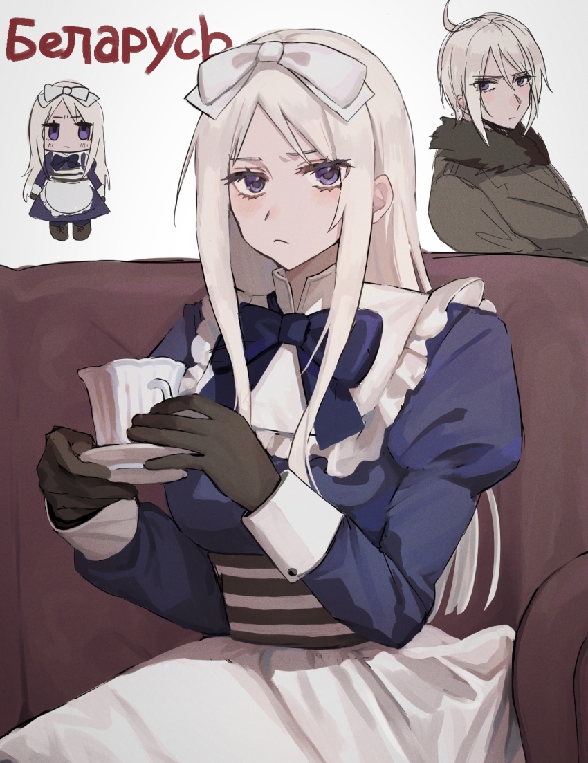 1boy 1girl ahoge apron axis_powers_hetalia belarus_(hetalia) belarus_(male)_(hetalia) black_boots black_coat black_gloves blue_bow blue_bowtie blue_dress boots bow bowtie breasts closed_mouth coat commentary_request couch cup dress dual_persona fur-trimmed_coat fur_trim genderswap genderswap_(ftm) gloves hair_between_eyes hair_bow hands_up highres himoon666 holding holding_cup holding_plate juliet_sleeves lapels long_hair long_sleeves looking_at_viewer medium_breasts on_couch plate puffy_sleeves purple_eyes russian_text short_hair sidelocks simple_background sitting white_apron white_background white_bow white_hair