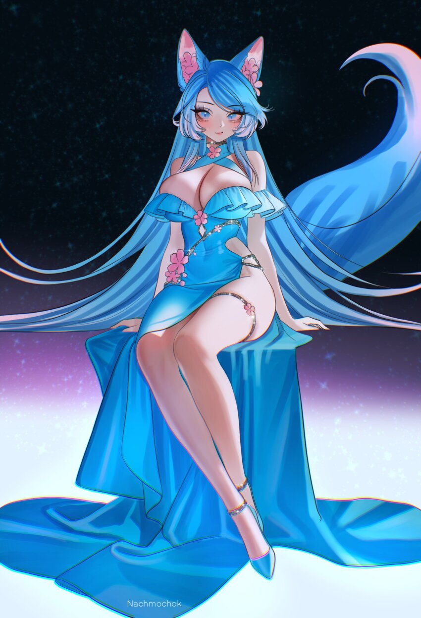 1girl animal_ear_fluff animal_ears bare_shoulders blue_dress blue_hair breasts cleavage dress full_body highres indie_virtual_youtuber large_breasts long_hair nachmochok silvervale sitting solo strapless strapless_dress tail very_long_hair virtual_youtuber wolf_ears wolf_girl wolf_tail