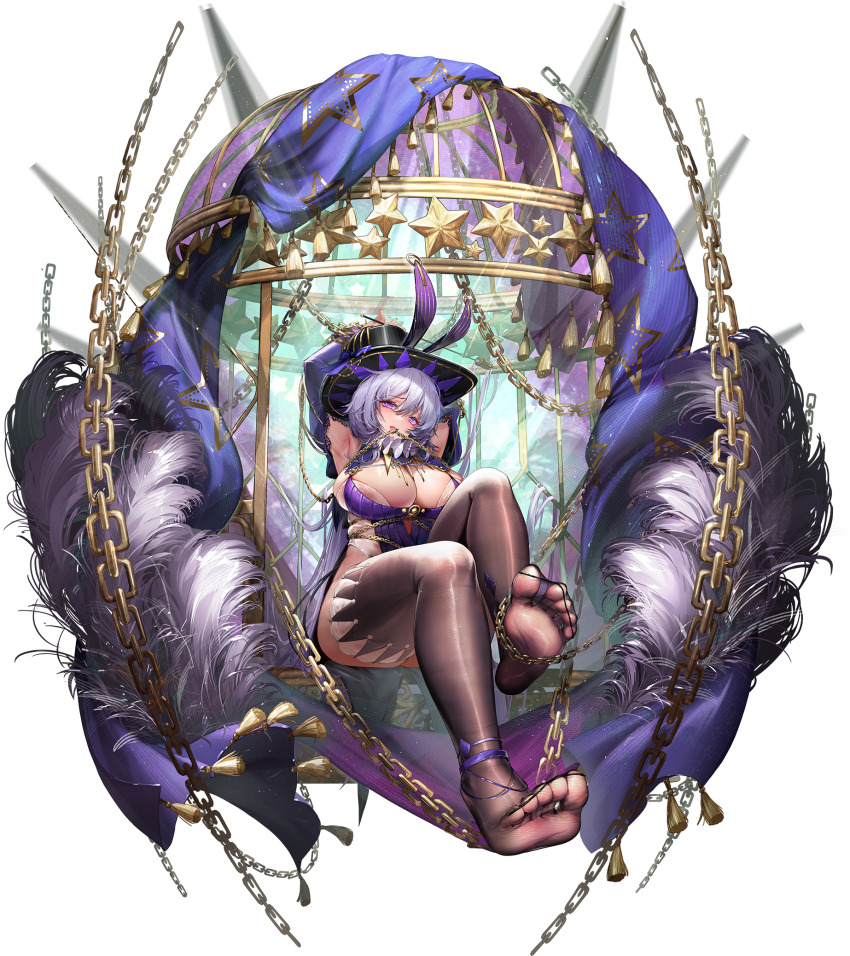 1girl anklet armpits arms_up black_thighhighs breasts chain character_request crosscore feet gold_chain hat highres huge_breasts jewelry large_breasts long_hair looking_at_viewer official_art open_mouth purple_hair thighhighs