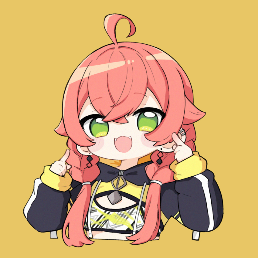 1girl :d ahoge blush_stickers brown_background chibi commentary cropped_torso ear_piercing earrings fangs green_eyes hair_between_eyes hair_over_shoulder hands_up highres jewelry long_hair long_sleeves looking_at_viewer nijisanji nozo_(hitomiz) open_mouth piercing pink_hair puffy_long_sleeves puffy_sleeves shishido_akari shishido_akari_(1st_costume) shrug_(clothing) simple_background sleeves_past_wrists smile solo upper_body virtual_youtuber