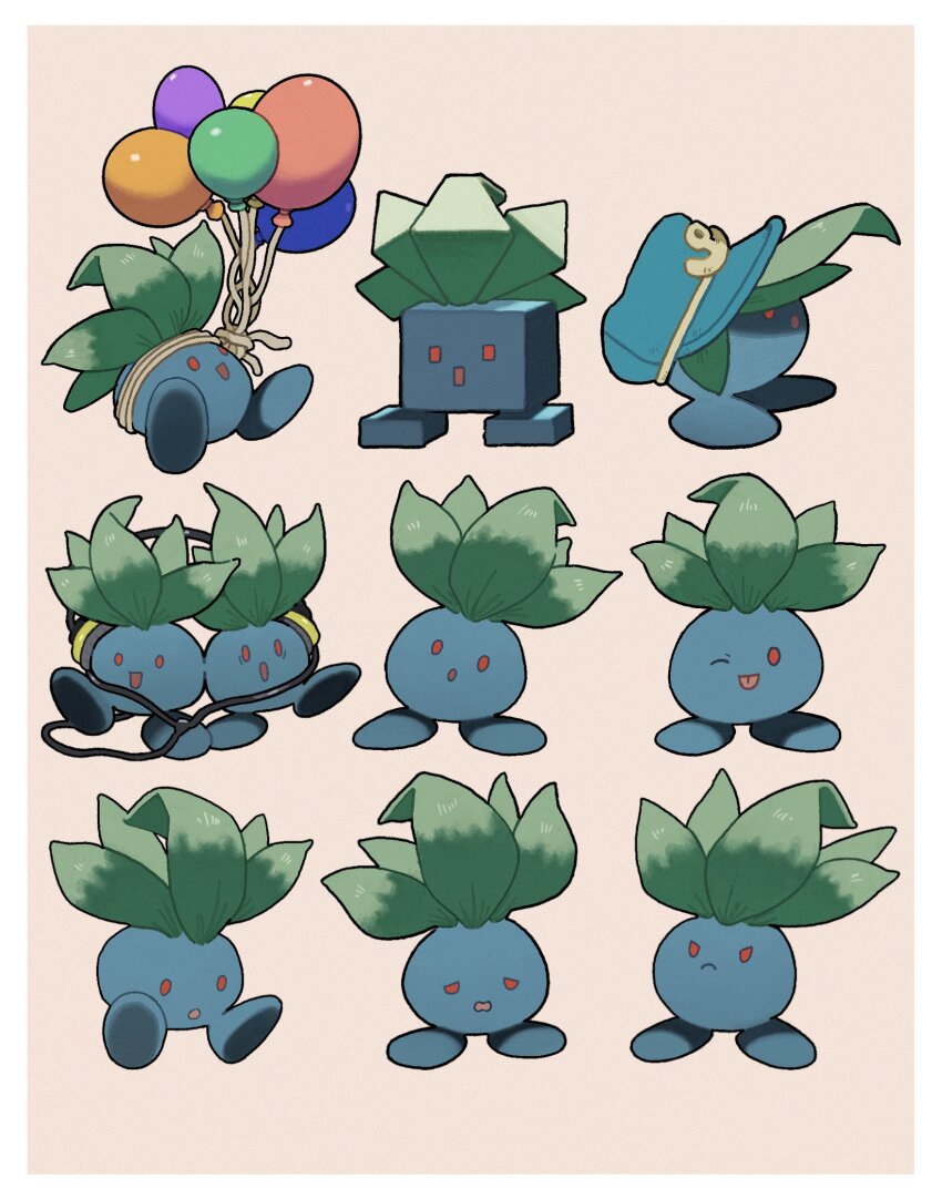 :d :o ;p aqua_headwear balloon border closed_mouth commentary frown game_freak gen_1_pokemon gogot hat headphones highres kuujou_joutarou nintendo no_humans oddish one_eye_closed open_mouth pokemon pokemon_(creature) red_eyes smile tongue tongue_out white_border