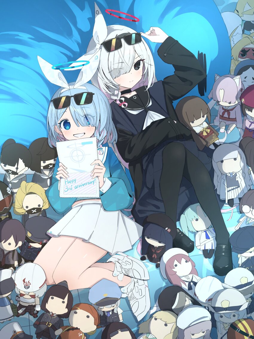 2girls absurdres administrative_official_(blue_archive) arona_(blue_archive) black_choker black_coat black_eyes black_footwear black_hairband black_pantyhose black_sailor_collar black_serafuku black_skirt black_tortoise_promenade_member_(sg)_(blue_archive) blue_archive blue_eyes blue_hair blue_halo blush braid bunny_girl_guard_(sr)_(blue_archive) character_doll chlorella_observation_club_member_(blue_archive) choker closed_mouth coat colored_inner_hair eyewear_on_head fitness_rakugo_club_member_(blue_archive) gehenna_student_(blue_archive) genryumon_member_(blue_archive) grin hair_over_one_eye hairband halo helmet_gang_officer_(blue_archive) helmet_gangster_(blue_archive) highlander_railway_academy_student_(blue_archive) highlander_railway_academy_student_(hg)_(blue_archive) highlander_railway_academy_student_(mg)_(blue_archive) highlander_railway_academy_student_(sg)_(blue_archive) highres hiyayakko_(jfky2528) hot_springs_department_member_(blue_archive) hot_springs_department_member_(rl)_(blue_archive) hyakkiyako_alliance_academy_student_(blue_archive) justice_task_force_member_(blue_archive) justina_follower_(blue_archive) labor_captain_(blue_archive) labor_party_member_(blue_archive) long_hair long_sleeves medical_emergency_club_member_(blue_archive) millennium_science_school_student_(blue_archive) millennium_science_school_student_a_(blue_archive) millennium_science_school_student_b_(blue_archive) multicolored_hair multiple_girls open_clothes open_coat pandemonium_society_member_(blue_archive) pantyhose pink_hair plana_(blue_archive) pleated_skirt prefect_team_member_(blue_archive) red_halo red_winter_guard_(blue_archive) sailor_collar school_uniform serafuku shoes short_hair single_braid sisterhood_member_(blue_archive) skirt smile street_mouryo_(mg)_(blue_archive) street_mouryo_(rl)_(blue_archive) sukeban_(mg)_(blue_archive) sukeban_(smg)_(blue_archive) sukeban_(sr)_(blue_archive) sunglasses tea_party_militant_(blue_archive) trinity_student_(blue_archive) valkyrie_police_academy_student_(blue_archive) valkyrie_police_academy_student_(sg)_(blue_archive) white_footwear white_hair white_skirt