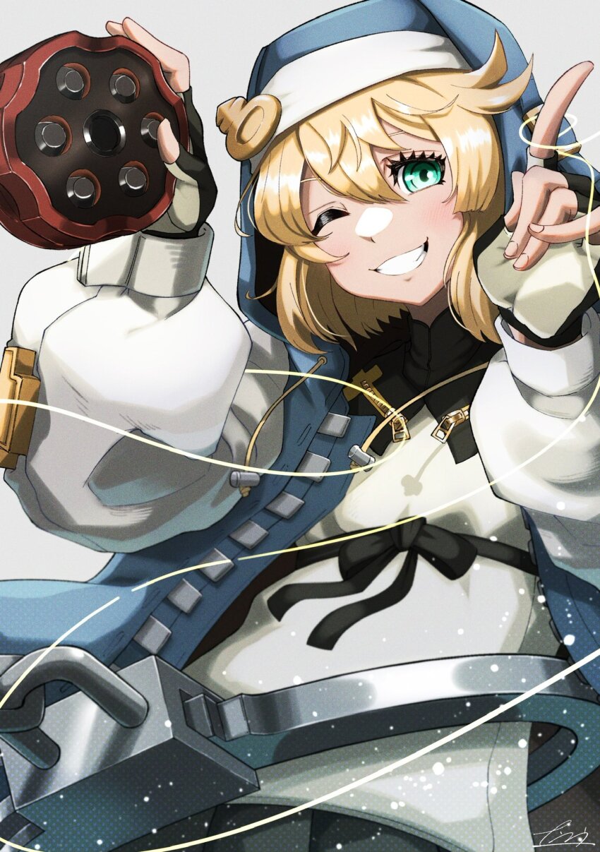 1boy androgyne_symbol black_gloves blonde_hair blush bridget_(guilty_gear) cuffs fingerless_gloves gloves green_eyes grin guilty_gear guilty_gear_strive habit handcuffs highres hood hood_up hooded_jacket hoodie jacket long_sleeves looking_at_viewer male_focus medium_hair nankou_(koutanan) one_eye_closed open_clothes open_hoodie puffy_long_sleeves puffy_sleeves smile solo trap yo-yo