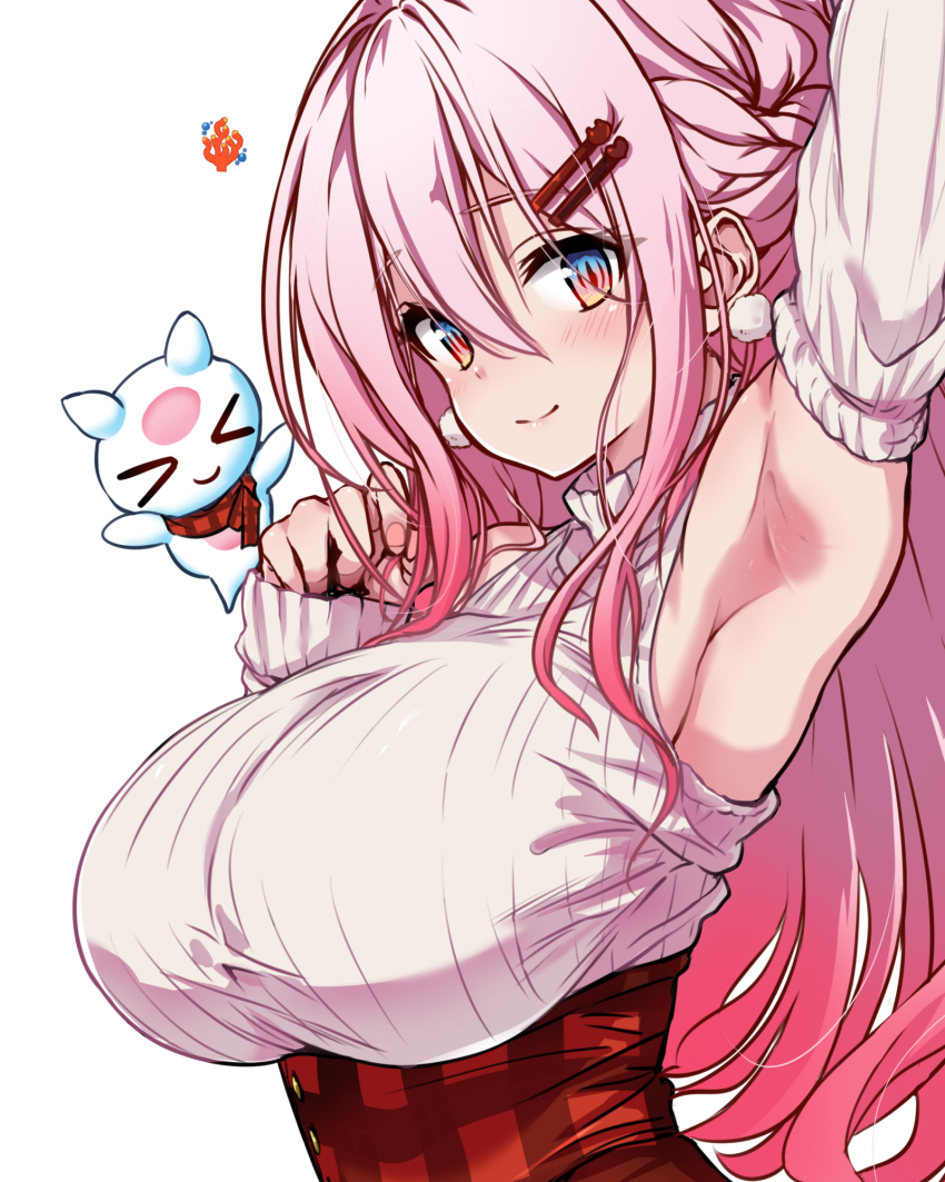 1girl armpits arms_up breasts detached_sleeves earrings first_stage_production hair_ornament hairpin highres hirowa_nagi jewelry large_breasts long_hair mascot pink_hair presenting_armpit ryugahama_yue sleeveless sleeveless_sweater sweater turtleneck turtleneck_sweater upper_body virtual_youtuber white_background