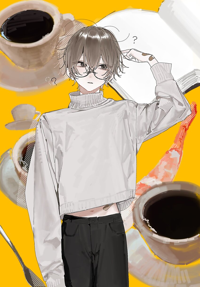 1other androgynous bandaid bandaid_on_hand black_pants book brown_eyes brown_hair commentary cowboy_shot cup facing_viewer finger_to_head glasses grey_shirt high_collar highres midriff_peek ml_rmi navel original pants parted_lips round_eyewear saucer semi-rimless_eyewear shirt short_hair sideways_glance solo symbol-only_commentary teacup under-rim_eyewear