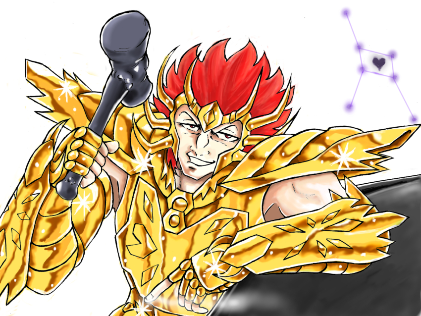 1boy armor cancer_deathtoll constellation eyelashes gauntlets glint gold_armor gold_cloth gold_helmet gold_saint grin hammer heart highres holding holding_hammer holding_mallet index_finger_raised kurumada_masami_(style) looking_at_viewer male_focus mallet official_style parted_lips pauldrons red_eyes red_hair saint_seiya:_next_dimension short_hair shoulder_armor smile solo sparkle spiked_hair upper_body v-shaped_eyebrows witchhunterrip