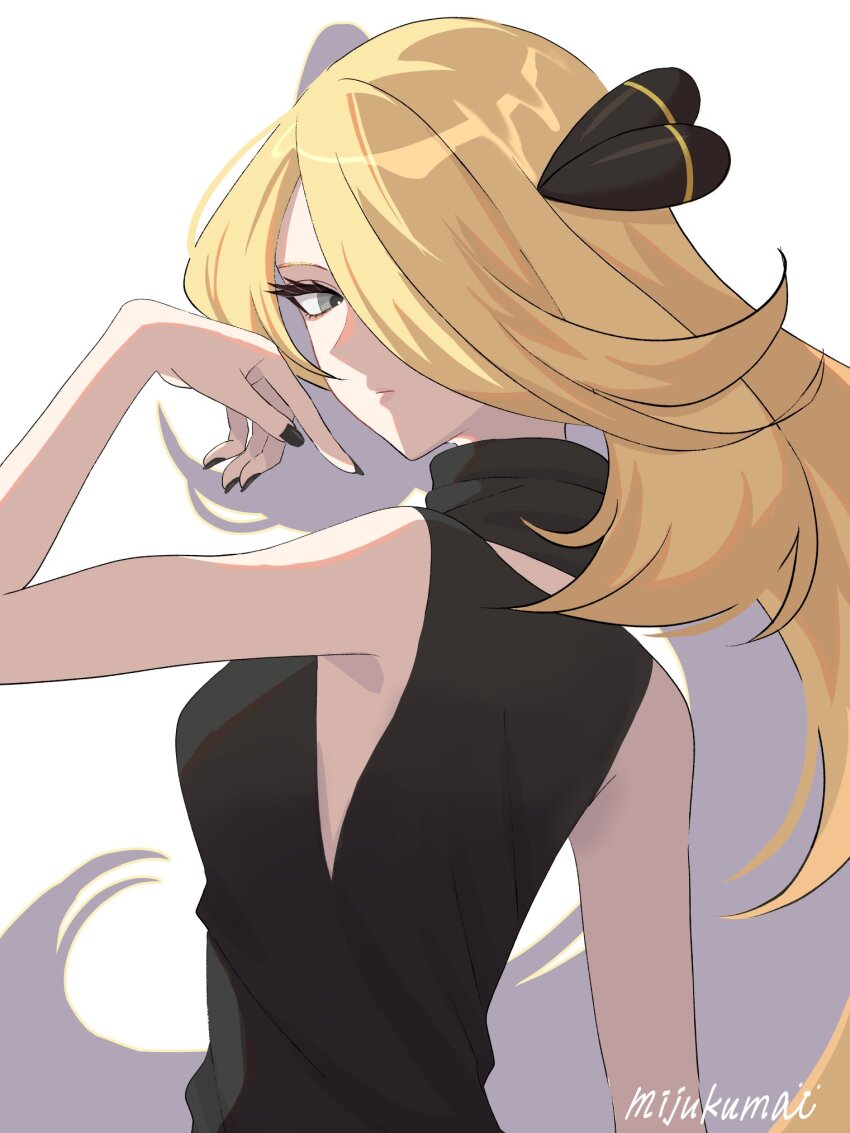 1girl blonde_hair breasts closed_mouth cynthia_(pokemon) eyeshadow grey_eyes hair_ornament hair_over_one_eye highres long_hair looking_at_viewer makeup mijukuma nintendo pokemon pokemon_dppt shirt sleeveless solo upper_body very_long_hair