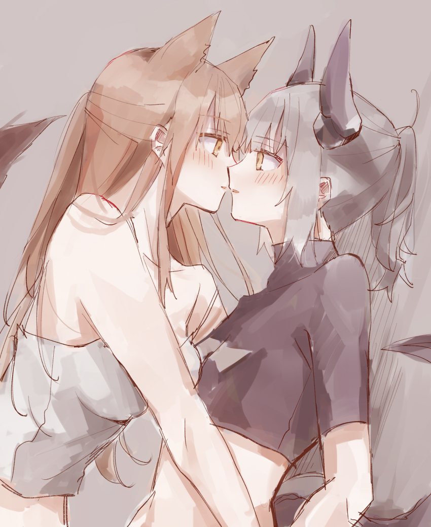 2girls animal_ears arknights bad_id bad_pixiv_id blush breasts brown_hair commentary_request eye_contact face-to-face franka_(arknights) grey_hair highres imminent_kiss liskarm_(arknights) long_hair looking_at_another matsuzaka_(matsuzakagyu_29) multiple_girls parted_lips tail yuri