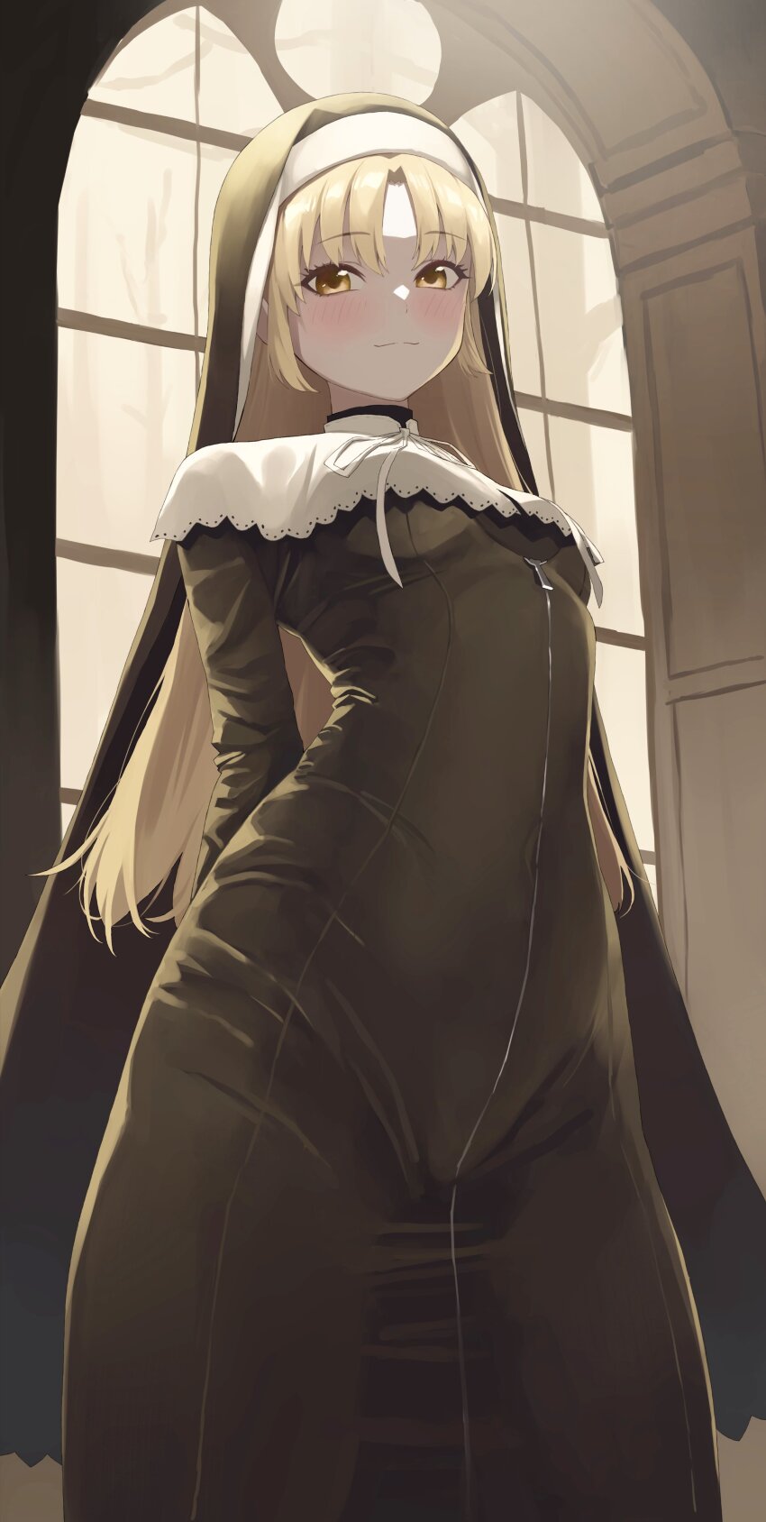 1girl absurdres arms_behind_back art_mu black_coif black_dress blonde_hair blush breasts commentary_request cowboy_shot curtained_hair dress guimpe high_collar highres indoors light_smile long_dress long_hair long_sleeves looking_at_viewer nijisanji nun parted_bangs sister_claire sister_claire_(1st_costume) small_breasts solo string_bowtie sway_back traditional_nun virtual_youtuber yellow_eyes