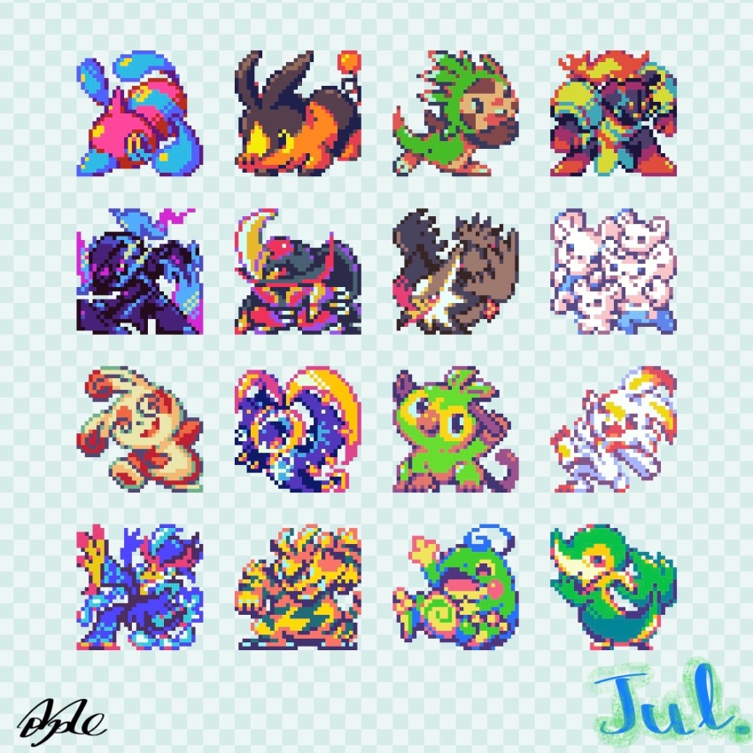 armarouge ceruledge chespin electabuzz gen_1_pokemon gen_2_pokemon gen_3_pokemon gen_4_pokemon gen_5_pokemon gen_6_pokemon gen_7_pokemon gen_8_pokemon grookey highres kingambit legendary_pokemon lunala maushold mope_dotpict nintendo pixel_art pokemon pokemon_(creature) politoed porygon-z quaquaval scorbunny snivy spinda staraptor tepig