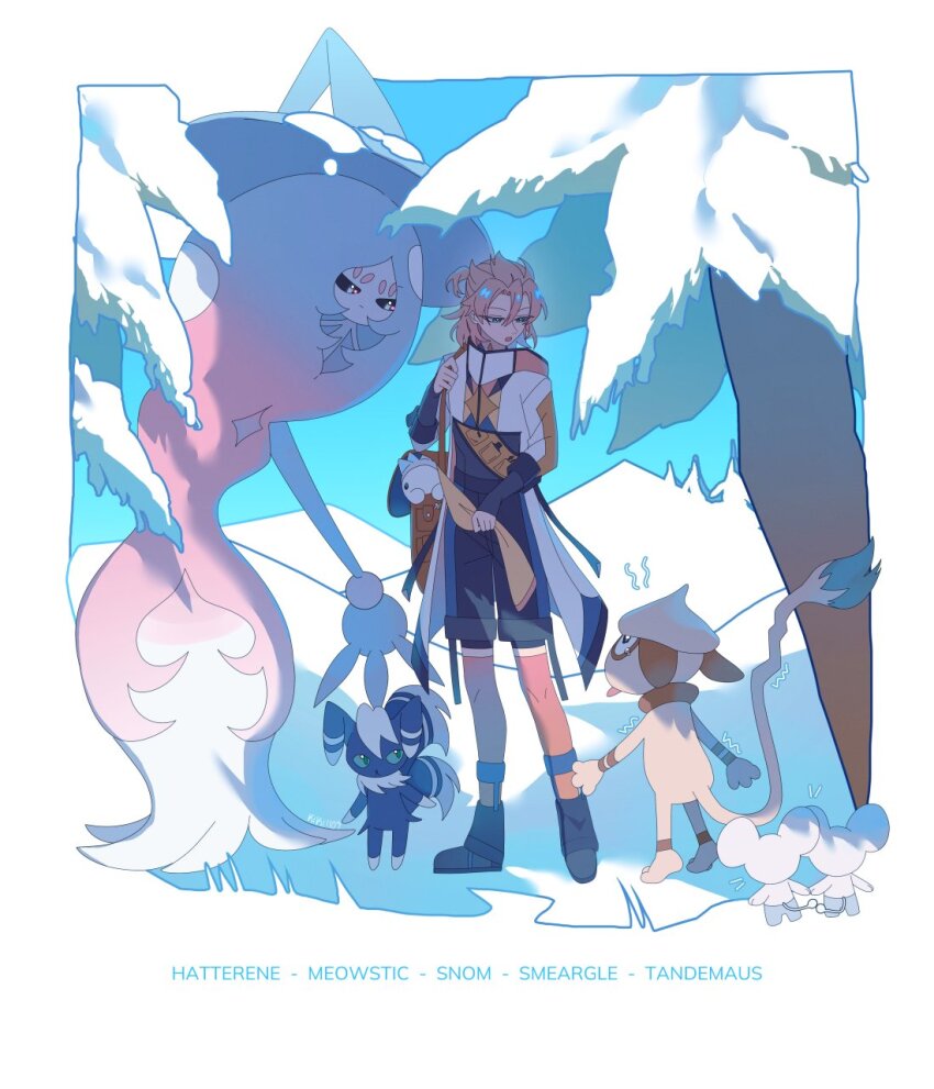 1boy albedo_(genshin_impact) black_footwear black_shorts blonde_hair blue_eyes braid bridal_gauntlets full_body gen_2_pokemon gen_6_pokemon gen_8_pokemon genshin_impact half_updo hatterene highres jacket kiki1109 male_focus meowstic multicolored_jacket nintendo open_mouth orange_jacket pokemon pokemon_(creature) ponytail short_ponytail shorts smeargle snom tandemaus white_jacket yellow_jacket