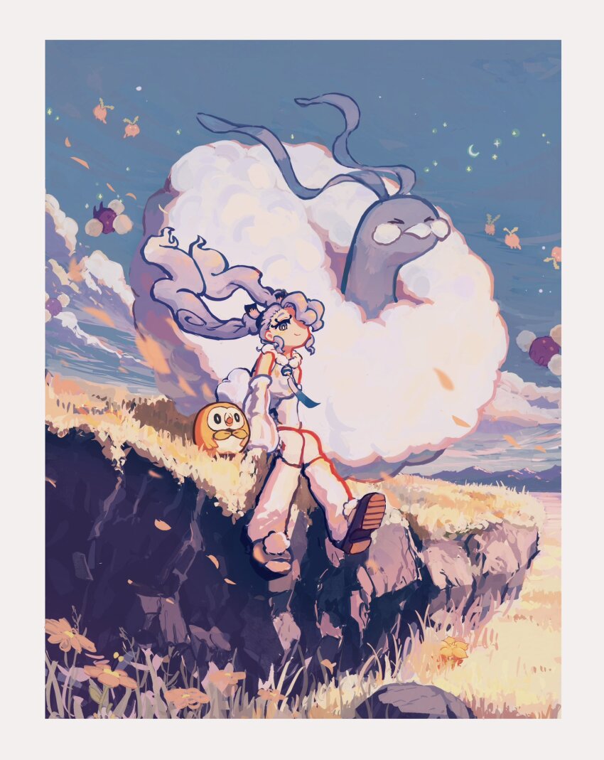 1girl altaria blue_hair blue_sky closed_eyes cloud detached_sleeves flying_miku_(project_voltage) gen_2_pokemon gen_3_pokemon gen_7_pokemon gen_8_pokemon gossifleur gradient_hair hair_over_one_eye hatsune_miku highres hoppip igafujino jumpluff landscape long_hair multicolored_hair nintendo pokemon pokemon_(creature) project_voltage rowlet see-through_clothes see-through_sleeves sitting sky smile twintails vocaloid wind_chime