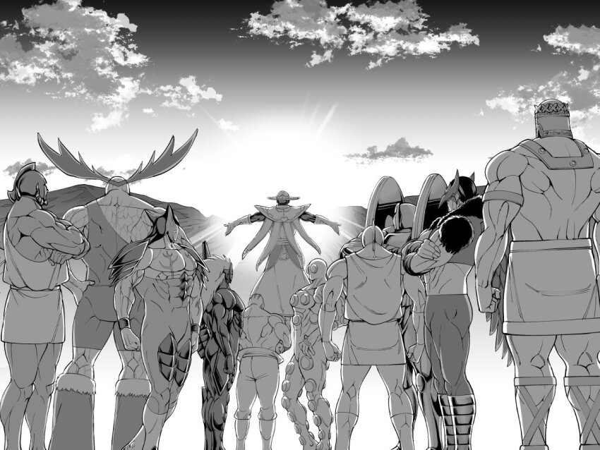 6+boys abyssman_(kinnikuman) biceps choujin_enma crowman ganman gloves goldman hat horns justiceman_(kinnikuman) kazeya_kazuya kinnikuman looking_at_viewer mirageman_(kinnikuman) multiple_boys muscular no_humans outdoors painman_(kinnikuman) psychoman silverman simple_background thingman white_background wings