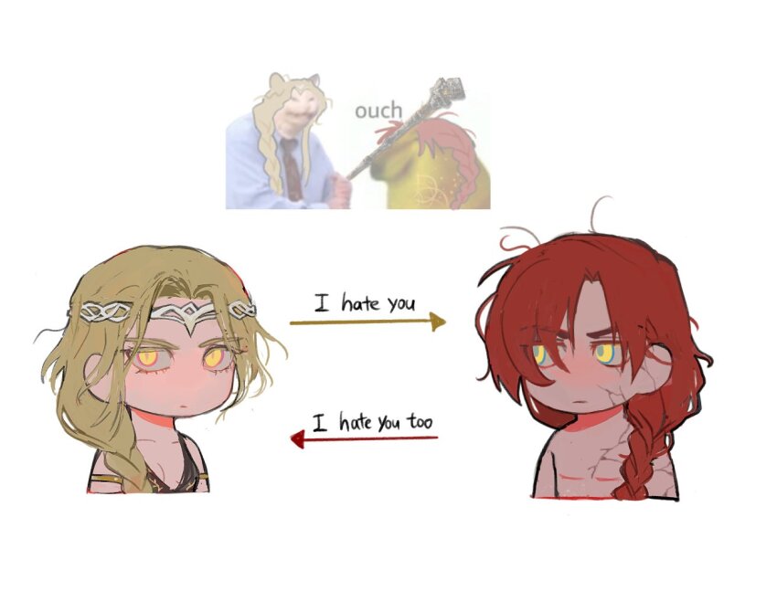 1boy 1girl arrow_(symbol) blonde_hair bonk braid braided_ponytail chibi circlet commentary cropped_torso elden_ring english_text hammer holding holding_hammer horny_jail_(meme) inset long_hair looking_at_another meme queen_marika_the_eternal radagon_of_the_golden_order red_hair relationship_graph rimyzipel simple_background symbol-only_commentary topless_male unamused white_background yellow_eyes