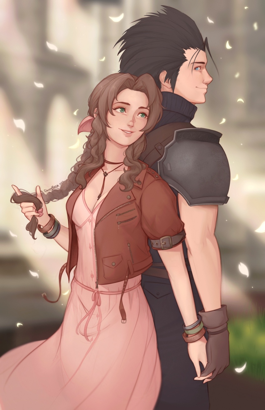 1boy 1girl aerith_gainsborough aqua_eyes armor artist_name back-to-back bangle black_hair black_pants black_shirt blurry blurry_background bracelet braid braided_ponytail breasts brown_gloves brown_hair choker church cleavage closed_mouth cowboy_shot cropped_jacket dress falling_petals final_fantasy final_fantasy_vii final_fantasy_vii_remake flower_choker gift_art gloves green_eyes hair_ribbon hair_slicked_back hand_in_own_hair hetero highres holding_hands interlocked_fingers jacket jewelry long_dress long_hair medium_breasts medium_hair pants parted_bangs parted_lips pauldrons petals pink_dress pink_ribbon red_jacket ribbon shirt short_sleeves shoulder_armor sideburns sidelocks single_braid sleepy_korok sleeveless sleeveless_turtleneck smile standing turtleneck white_petals zack_fair