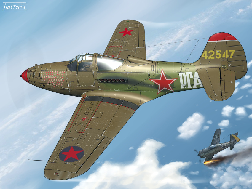 1boy absurdres aerial_battle aircraft airplane artist_name battle bell_p-39_airacobra cloud cyrillic dogfight fire fw_190 hattorin highres luftwaffe military_vehicle original p-39_airacobra propeller_fighter red_star sky soviet_air_force star_(symbol) vehicle_focus world_war_ii