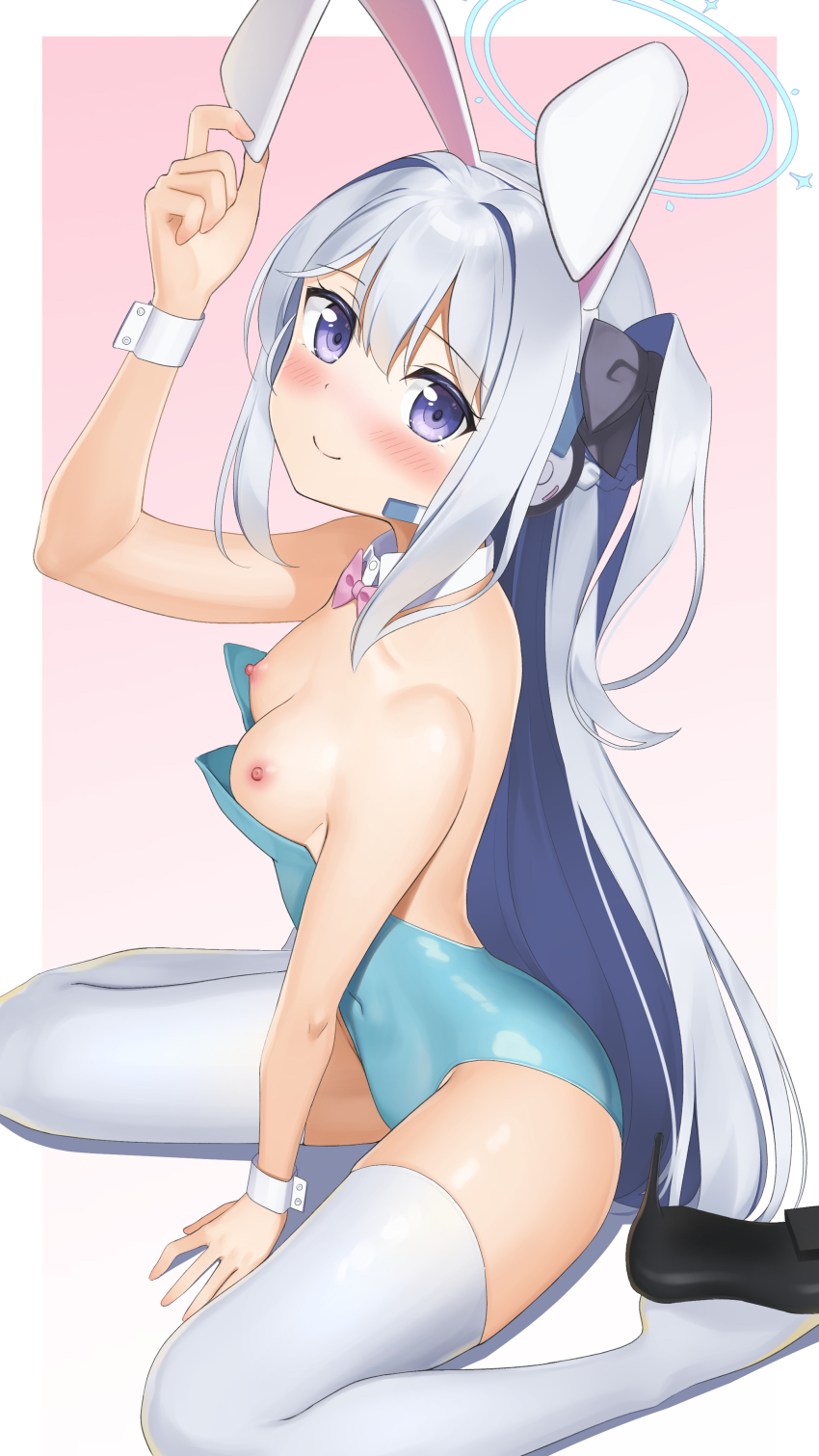 1girl absurdres animal_ears apollo_(hu_maple) bare_shoulders blue_archive breasts cleavage commentary fake_animal_ears gradient_background hair_ornament hair_ribbon halo hand_on_ground hand_on_own_ear high_heels highres leotard long_hair miyako_(blue_archive) nipples paid_reward playboy_bunny purple_eyes ribbon simple_background sitting strapless strapless_leotard thighhighs wariza white_hair white_thighhighs
