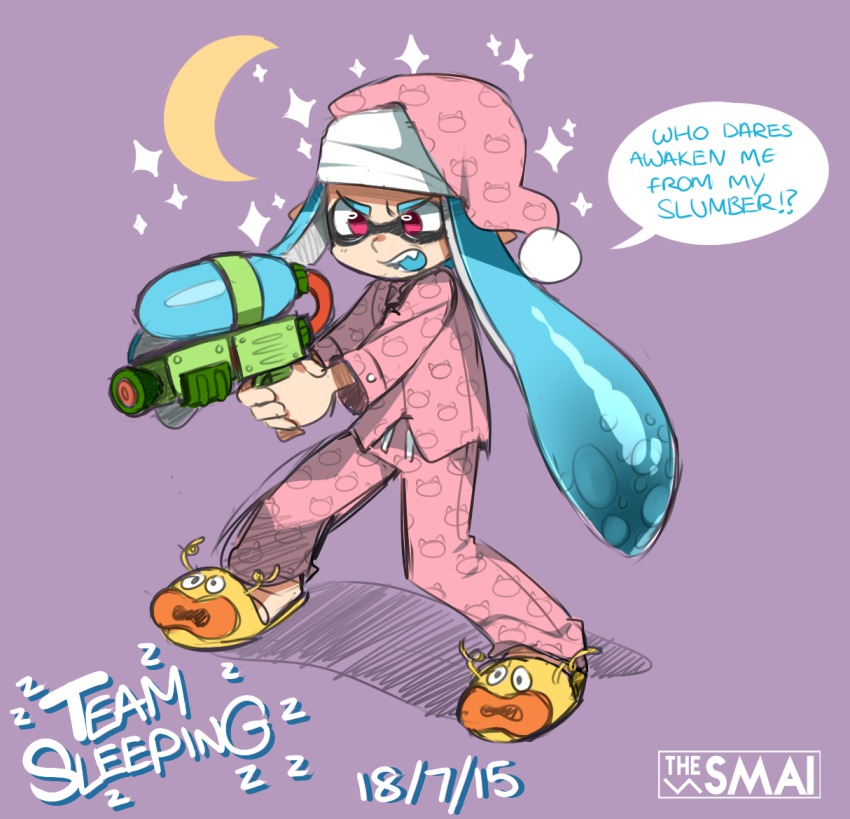 1girl alternate_costume angry animal_slippers artist_name bad_id bad_tumblr_id blue_hair crescent_moon english_text fangs female_focus hat inkling inkling_girl inkling_player_character long_hair moon nintendo open_mouth pajamas pants pink_pants print_pajamas red_eyes sami_(artist) sami_briggs simple_background slippers solo sparkle splatoon_(series) splatoon_1 splattershot_(splatoon) super_soaker tentacle_hair zapfish