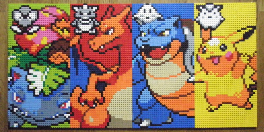 blastoise charizard dragon game_freak gen_1_pokemon highres lego lego_(medium) nintendo no_humans photo_(medium) pikachu pixel_art pokemon pokemon_(creature) starter_pokemon_trio unconventional_media venusaur you_rei_(blowback)