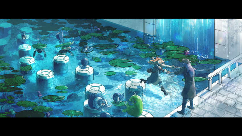 1boy 1girl bag baseball_cap black_footwear black_headwear black_jacket boots coat gen_1_pokemon gen_2_pokemon gen_3_pokemon handbag hat high_heels holding_hands jacket leon_(pokemon) lily_pad lombre long_hair long_sleeves nintendo open_mouth orange_hair outdoors partially_submerged pokemon pokemon_(creature) pokemon_swsh politoed poliwag poliwhirl purple_hair shirokuma_no_g shoes sonia_(pokemon) swimming water waterfall
